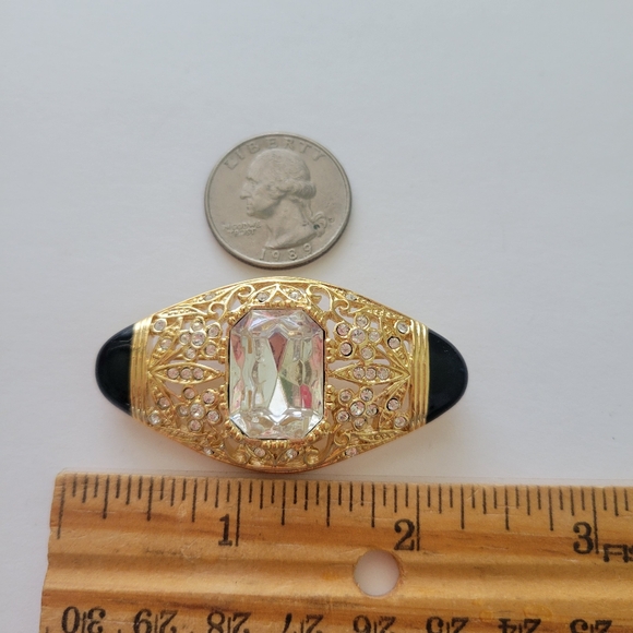 Vintage Brooch Pin Signed Tova Gold Tone Black Enamel Rhinestones Art Deco - Picture 4 of 4